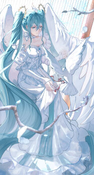 1girl absurdly_long_hair absurdres alternate_costume aqua_eyes aqua_hair bare_shoulders bird blue_gem breasts collarbone commentary_request detached_sleeves dove dress falling_feathers feathered_wings feathers gem hatsune_miku highres juliet_sleeves keaph large_breasts long_dress long_hair long_sleeves puffy_sleeves solo twintails very_long_hair vocaloid white_bird white_dress white_feathers white_theme white_wings wings