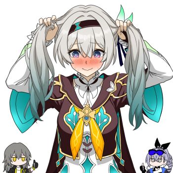 3girls akatsuki4612 black_hairband blush bunching_hair chibi drill_hair drill_ponytail eyewear_on_head firefly_(honkai:_star_rail) grey_eyes grey_hair hairband highres honkai:_star_rail honkai_(series) jitome long_hair multiple_girls silver_wolf_(honkai:_star_rail) stelle_(honkai:_star_rail) sunglasses sweat thumbs_up trailblazer_(honkai:_star_rail) twintails wavy_mouth white_background yellow_eyes