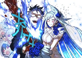 1boy 4girls blue_fire blush breasts brynhild_(fate) brynhild_(swimsuit_berserker)_(third_ascension)_(fate) burning chocolate cleavage colored_inner_hair fate/grand_order fate_(series) fire glasses head_wings hildr_(fate) holding holding_sword holding_weapon hood kashia melting multicolored_hair multiple_girls ortlinde_(fate) red_eyes sigurd_(fate) sigurd_(memories_with_my_lover)_(fate) smile sword thrud_(fate) two-tone_hair valkyrie_(fate) wavy_mouth weapon wings