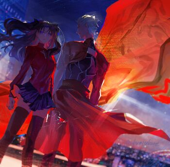 1boy 1girl archer_(fate) black_hair blue_eyes breasts clenched_hand closed_mouth command_spell commentary_request fate/stay_night fate_(series) floating_hair gem highres jewelry long_hair looking_at_viewer miniskirt night pendant red_gem red_shirt shirt skirt standing thighhighs tohsaka_rin turtleneck two_side_up ubwmitekure very_long_hair white_hair zettai_ryouiki