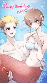 1boy 1girl :d air_bubble bare_shoulders bikini black_eyes blonde_hair blush breasts brown_eyes brown_hair bubble carrying cleavage closed_mouth collarbone commentary_request fins hair_between_eyes happy_birthday head_fins heart highres husband_and_wife komena_(shinyday312) looking_at_another medium_breasts mermaid merman monster_boy monster_girl navel open_mouth original princess_carry shell shell_bikini short_hair sidelocks smile stomach swimsuit teeth tomboy underwater upper_teeth_only
