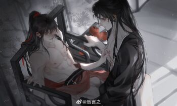 2boys abs absurdres bare_pectorals black_hair black_sash braid bulge bulge_press chair chinese_commentary clenched_teeth closed_mouth folding_screen food fruit gu_mang hair_ribbon half_updo hand_on_another&#039;s_chest high_ponytail highres long_hair long_sleeves looking_at_another male_focus mo_xi_(yuwu) multiple_boys nipples on_chair pectorals ponytail red_ribbon ribbon sash side_braid sitting teeth toned toned_male topless_male window_shadow yaoi yuwu zhi_yan_zhi