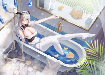 1girl :p absurdres aegir_(azur_lane) aegir_(iron_blood&#039;s_dragon_maid)_(azur_lane) armband azur_lane backward-facing_horns bandeau bathing bathroom bathtub black_dress black_horns blush bottle breasts bubble checkered_floor cleavage closed_mouth collared_dress commentary covered_navel crystal curtains dragon_girl dragon_horns dress feet floating floating_object frilled_armband frills from_above grey_hair hair_between_eyes hair_on_horn hair_spread_out highleg highres horns indoors kafeifeifeifeifeifei_jiemo_jun knee_up large_breasts leg_up legs long_hair looking_at_viewer maid maid_headdress manjuu_(azur_lane) multicolored_hair official_alternate_costume outstretched_arm outstretched_leg plant red_streaks rubber_duck shampoo_bottle sitting slit_pupils solo steam streaked_hair thighhighs thighs tile_wall tiles tongue tongue_out towel underboob very_long_hair water wet white_bandeau white_thighhighs window window_blinds yellow_eyes