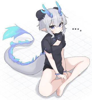 ... 1girl absurdres barefoot bead_bracelet beads black_dress blue_eyes blush bracelet bun_cover china_dress chinese_clothes cleavage_cutout clothing_cutout commentary double_bun dragon_girl dragon_horns dragon_tail dress fur-tipped_tail grey_hair grid_background hair_bun highres horns jewelry original pointy_ears short_sleeves simple_background sitting solo tail tetetaco toes white_background