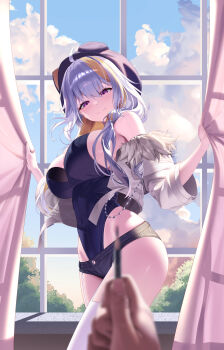 1girl absurdres ahoge animal_hat armpit_crease backlighting bare_shoulders black_bra black_hat black_leotard black_shorts blonde_hair blurry bra breasts closed_mouth colored_inner_hair covered_navel cowboy_shot cropped_jacket curtains day depth_of_field earrings fur_trim garter_straps hair_over_shoulder hands_up hat highleg highleg_leotard highres hoop_earrings indie_virtual_youtuber jacket jewelry large_breasts leotard long_hair long_sleeves looking_at_viewer manda_(luts7602) micro_shorts multicolored_hair never_bite off_shoulder open_clothes open_jacket pov pov_hands pulling purple_eyes ribbed_leotard shorts sideboob smile solo_focus standing streaked_hair thighhighs thighs two-tone_hair underwear virtual_youtuber white_hair white_jacket white_thighhighs window