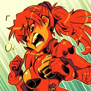 1girl angry bodysuit breasts evangelion:_3.0+1.0_thrice_upon_a_time eyepatch hair_ornament long_hair looking_to_the_side mecha_pilot_suit medium_breasts motion_lines neon_genesis_evangelion open_mouth plugsuit_(evangelion) rafchu rebuild_of_evangelion red_bodysuit shiny_clothes solo souryuu_asuka_langley speed_lines teeth twintails