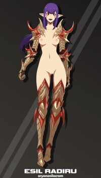 1girl breasts esil_radiru highres nipples nude nude_filter open_mouth oryononilocram purple_hair pussy red_eyes solo solo_leveling third-party_edit uncensored