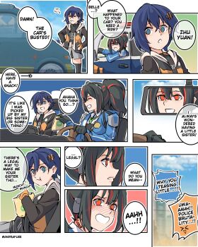 Rule 34 | > <, 2girls, absurdres, andra, bag of chips, belle (zenless zone zero), blush, car, car interior, driving, eating, embarrassed, english text, fingerless gloves, gloves, highres, left-to-right manga, motor vehicle, multiple girls, police, police car, police uniform, policewoman, rear-view mirror, speech bubble, steering wheel, surprised, twitter username, van, zenless zone zero, zhu yuan