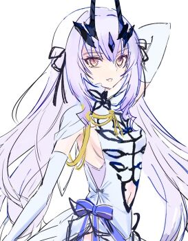 1girl armpits breasts dress elbow_gloves fate/grand_order fate_(series) gloves highres long_hair medium_breasts melusine_(exhibition_attire)_(fate) melusine_(fate) solo wari_gorilevel white_dress white_hair yellow_eyes