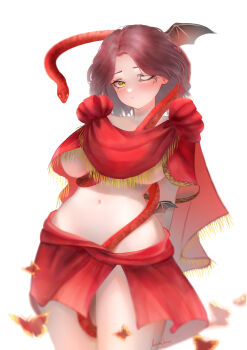 1girl absurdres alternate_breast_size alternate_costume animal ashencrow blush borrowed_clothes breasts brown_hair bug butterfly cape closed_mouth commentary_request cosplay elden_ring elden_ring:_shadow_of_the_erdtree facial_tattoo fromsoftware highres insect large_breasts looking_at_viewer melina_(elden_ring) messmer_the_impaler messmer_the_impaler_(cosplay) navel one_eye_closed red_butterfly red_cape red_snake revealing_clothes short_hair signature simple_background snake stomach tattoo white_background yellow_eyes