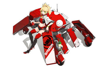 1girl 1other absurdres armor artificial_eye belt black_choker black_footwear black_skirt black_tube_top blonde_hair boots bottle bracelet choker cropped_jacket crossover cup disposable_cup eyewear_in_mouth fate_(series) ghost_in_the_shell ghost_in_the_shell_arise green_eyes high_heel_boots high_heels highres holding holding_bottle holding_cup jacket jewelry joints leaning leaning_against_vehicle leaning_back logicoma mecha mechabare mechanical_eye messy_hair military_vehicle miniskirt mordred_(fate) motor_vehicle mouth_hold one-eyed open_clothes open_jacket ponytail radio_antenna red_armor red_belt red_footwear red_tube_top robot robot_joints shadow side_slit sidelocks skirt soda strapless sunglasses takumi_chiho tank thigh_boots tinted_eyewear tube_top two-tone_footwear two-tone_tube_top unworn_eyewear voice_actor_connection walker_(robot) wheel white_background white_jacket yellow-tinted_eyewear yellow_bracelet