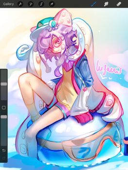 1girl art_program_in_frame ball blue_jacket closed_mouth cloud_(lufaeris) commentary glasses highres jacket long_hair long_sleeves looking_at_viewer on_ball open_clothes open_jacket original pink_eyes purple_hair shirt sitting sitting_on_ball solo symbol-only_commentary tentacle_hair yellow_shirt