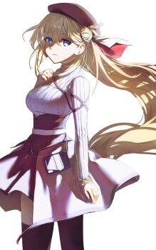 1girl absurdres agnes_claudel bag beret black_thighhighs blonde_hair bracelet braid breasts bun_with_braided_base closed_mouth double-parted_bangs eiyuu_densetsu floating_hair hair_between_eyes hair_bun handbag hat highres jewelry kai_no_kiseki kuro_no_kiseki_(series) long_hair looking_at_viewer madou_zakura medium_breasts necklace one_side_up partially_shaded_face red_hat ribbed_sweater simple_background single_hair_bun skirt smile solo sweater thighhighs upper_body very_long_hair white_background