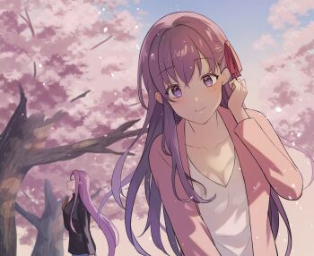 2girls breasts cherry_blossoms cleavage commentary fate/hollow_ataraxia fate_(series) hair_ribbon haniwa_yyi highres large_breasts leaning_forward long_hair matou_sakura medium_breasts medusa_(fate) medusa_(rider)_(fate) multiple_girls purple_eyes purple_hair ribbon smile tree very_long_hair