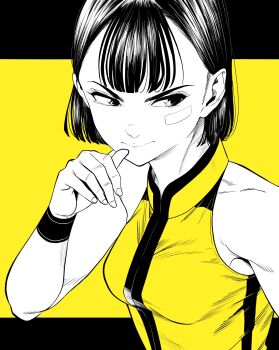 1girl bandaid bandaid_on_cheek bandaid_on_face breasts commentary_request eyelashes fighting_stance hair_behind_ear highres jacket lee_(dragon_garou) medium_breasts original partially_colored short_hair sleeveless sleeveless_jacket solo upper_body v-shaped_eyebrows wristband yellow_background yellow_jacket