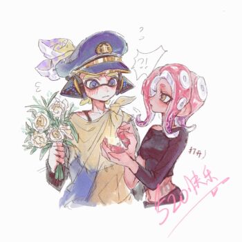 !? 1boy 1girl agent_3_(splatoon) agent_8_(splatoon) asymmetrical_sleeves black_shirt blonde_hair blue_eyes bouquet captain_3_(splatoon) chinese_commentary closed_mouth collarbone flower flying_sweatdrops frown gucandiyi52092 hat headgear highres holding holding_bouquet inkling inkling_boy inkling_player_character jewelry multicolored_hair navel nintendo octoling octoling_girl octoling_player_character orange_eyes patchwork_clothes peaked_cap ponytail purple_hair red_hair ring shirt simple_background splatoon_(series) splatoon_3 suction_cups tentacle_hair two-tone_hair uneven_sleeves wedding_ring white_background white_flower