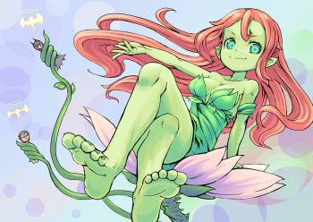 1girl 2boys aged_down animification barefoot batman batman_(series) breasts bruce_wayne cleavage colored_skin cony_(la_locura) dc_comics dick_grayson family father_and_son feet florakinesis flower giant giantess green_eyes green_skin halo legs leotard long_hair monster_girl multiple_boys o3o on_flower plant plant_girl pointy_ears poison_ivy red_hair robin_(dc) smile soles tentacles tentacles_on_male toes vines