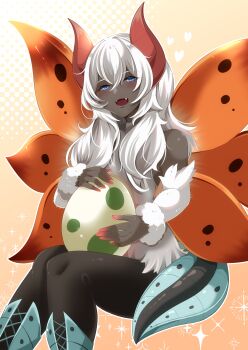 Rule 34 | 1boy, absurdres, arthropod boy, black pantyhose, blue eyes, boots, commentary request, dark-skinned male, dark skin, detached sleeves, egg, emulume, fangs, gen 5 pokemon, green footwear, hair between eyes, half-closed eyes, heart, highres, holding, holding egg, horns, invisible chair, long hair, looking at viewer, moth boy, nintendo, open mouth, outline, pantyhose, personification, pokemon, pokemon egg, sitting, sparkle, tail, trap, vest, volcarona, white hair, wings