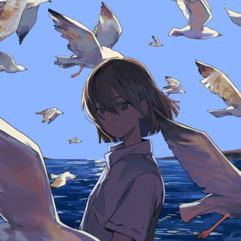 1girl backlighting bird blue_sky clear_sky closed_mouth collared_shirt expressionless nanakawa_(nanasoon) ocean original red_pupils seagull shirt short_sleeves signature sky solo upper_body water white_shirt