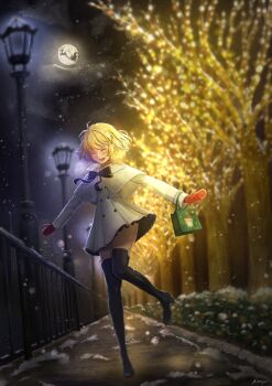 1boy 1girl :d absurdres ahoge aimyu0601 arcueid_brunestud arms_at_sides bag black_bow blonde_hair boots bow bush cape capelet christmas closed_eyes commentary dress english_commentary floating_clothes floating_hair frilled_skirt frills full_moon gloves hair_intakes highres knee_boots lamppost mittens moon official_alternate_costume open_mouth outdoors red_gloves red_mittens reindeer santa_claus short_hair skirt sleigh smile snow steam sweater thighhighs tree tsukihime tsukihime_(remake) white_cape white_dress zettai_ryouiki