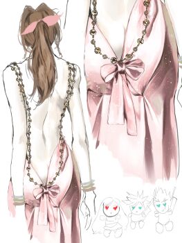 2boys 2girls aerith_gainsborough ass back backless_outfit bangle bare_shoulders bow bracelet brown_hair butt_crack chibi chibi_inset cloud_strife dress facing_away final_fantasy final_fantasy_vii hair_ribbon heart heart-shaped_eyes highres jewelry luuann_k multiple_boys multiple_girls parted_bangs pink_bow pink_dress pink_ribbon ponytail ribbon sketch solo_focus tifa_lockhart zack_fair
