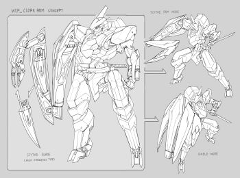 absurdres armor dynamic_pose english_text fighting_stance grappling_hook highres mecha mecha_focus no_humans original reference_sheet reverse_grip robot science_fiction scythe sheath sheathed shield short_sword shoulder_armor sword sword_on_back tantou weapon weapon_on_back zen_(jirakun)