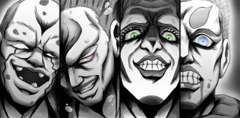 4boys aqua_necklace_(stand) bald blood blood_from_mouth blue_eyes bubble cioccolata commentary diamond_wa_kudakenai english_commentary evil_grin evil_smile eyelashes facial_mark furrowed_brow green_eyes grin highres j._geil jojo_no_kimyou_na_bouken katagiri_anjuro kristallion lips liver_spots looking_at_viewer missing_tooth monochrome multiple_boys no_pupils open_mouth pink_eyes short_hair smile sports_max spot_color stardust_crusaders stone_ocean thick_eyebrows trait_connection vento_aureo water white_eyes