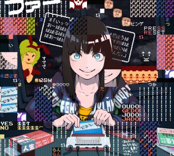 &gt;_o 1girl animal_ears blue_eyes box brown_hair rabbit_ears cartridge clothes_writing coin collarbone commentary_request copyright_request english_text evil_smile fake_animal_ears famicom female_focus game_console glitch green_hair heart hood hoodie key lipstick long_hair long_sleeves looking_at_viewer makeup nintendo one_eye_closed original parted_lips red_lips scanlines skull smile solo super_famicom upper_body yajirushi_(chanoma)