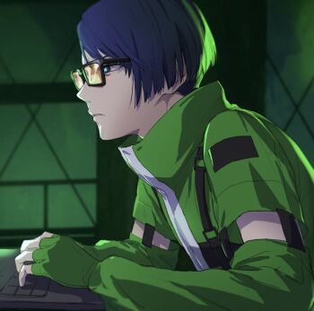 Rule 34 | 1boy, black-framed eyewear, blue hair, closed mouth, collared jacket, commentary request, computer keyboard, detached sleeves, fingerless gloves, frown, gloves, green gloves, green jacket, green theme, hunched over, isa (peien516), jacket, long sleeves, looking ahead, male focus, persona, persona 3, popped collar, shirato jin, short hair, sitting, solo, squinting, tinted eyewear, upper body, yellow-tinted eyewear