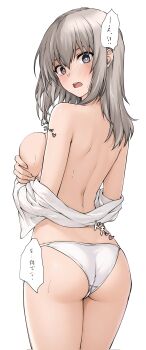 1girl ass bare_shoulders blush breasts bright_pupils commentary_request covering_breasts covering_privates elf_(stroll_in_the_woods) girls_und_panzer grey_eyes grey_hair highres itsumi_erika large_breasts long_hair looking_at_viewer off_shoulder open_mouth panties shirt simple_background solo speech_bubble surprised underwear undressing white_background white_panties white_pupils white_shirt