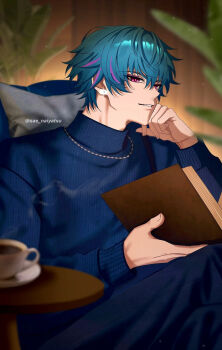 Rule 34 | 1boy, alternate costume, blue hair, blue shirt, blurry, blurry background, book, brant (wuthering waves), commentary, cup, hand up, highres, holding, holding book, indoors, light smile, long sleeves, looking at viewer, male focus, multicolored hair, parted lips, pink eyes, sae naiyatsu, shirt, short hair, sitting, solo, streaked hair, symbol-only commentary, teacup, turtleneck, turtleneck shirt, twitter username, wuthering waves