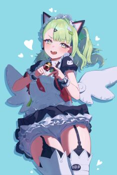 Rule 34 | 1girl, absurdres, animal ear hairband, animal ears, bag, bell, blush, cat ear hairband, cat ears, commentary, earrings, fake animal ears, fingernails, four-finger heart hands, ghost hair ornament, green background, green eyes, green hair, green nails, hair ornament, hairband, heart, heart earrings, heart hands, highres, jewelry, looking at viewer, maid, maid headdress, multiple hair clips, neck bell, ponytail, red bag, setsu (pixiv 76309149), simple background, solo, sunna (afternoon tea break) (zenless zone zero), sunna (zenless zone zero), thick thighs, thighs, triangle hair ornament, upper body, white wings, winged bag, wings, zenless zone zero