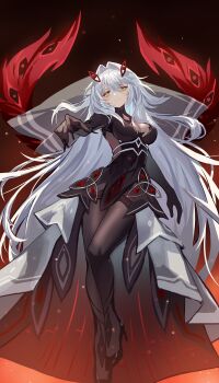 1girl absurdres arm_up black_dress black_pantyhose breasts cleavage colored_skin commentary_request dress eye_symbol floating genshin_impact glowing glowing_wings gradient_background grey_hair hair_between_eyes hair_intakes hair_ornament head_tilt high_heels highres iriya_(pixiv68685836) large_breasts light_particles long_hair looking_at_viewer multicolored_skin orange_eyes pantyhose parted_lips reaching reaching_towards_viewer red_background red_wings ronova_(genshin_impact) solo symbol-shaped_pupils teeth two-tone_skin veil very_long_hair wings