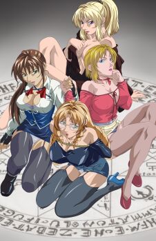 4girls absurdres bible_black blonde_hair blue_eyes breasts brown_hair dress earrings green_eyes hand_grab highres imari_kurumi jewelry kitami_reika large_breasts multiple_girls saeki_kaori shin_bible_black shiraki_rika shoes skirt string witch