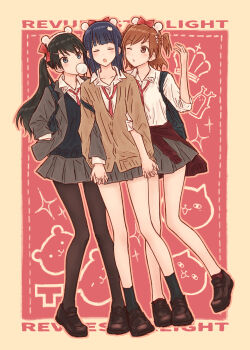 3girls :o aijou_karen animal_background animal_ear_hairband animal_ears ankle_socks arm_up backpack bag bear_ears black_hair black_pantyhose black_socks black_vest blazer blowing_bubble_gum blue_eyes blunt_bangs border bow brown_border brown_cardigan brown_eyes brown_hair brown_shoes brown_sweater cardigan cat cat_hair_ornament chewing_gum closed_eyes clothes_around_waist collarbone collared_shirt commentary crab crown facing_viewer fake_animal_ears full_body grey_jacket grey_skirt hair_bow hair_ornament hairband hand_in_pocket heart heart_hair_ornament highres holding_hands interlocked_fingers invisible_floor jacket kagura_hikari lapels light_blush loafers locked_arms long_hair long_sleeves looking_at_another miniskirt multiple_girls necktie notched_lapels one_eye_closed open_clothes open_jacket open_mouth outline outside_border pantyhose parted_lips pink_outline pleated_skirt red_background red_bow red_necktie shirt shoes short_hair shoujo_kageki_revue_starlight side-by-side side_ponytail sidelocks skirt socks sparkle sparkle_background standing stuffed_animal stuffed_toy sweater sweater_around_waist teddy_bear three-quarter_sleeves tsuyuzaki_mahiru two_side_up vest white_shirt yukitake_(bullfalk)
