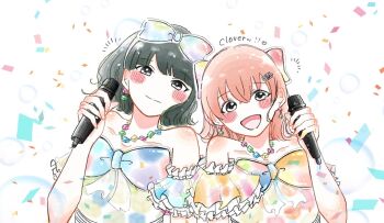 Rule 34 | 2girls, 5th live tour ~4pair power spread!!!!~, :d, bare shoulders, black hair, bow, collarbone, commentary request, confetti, detached sleeves, dress, dress bow, flipped hair, frilled sleeves, frills, fruit punch (love live!), hair bow, highres, hinoshita kaho, holding, holding microphone, iridescent clothes, jewelry, link! like! love live!, looking at viewer, love live!, medium hair, microphone, momose ginko, multiple girls, necklace, official alternate costume, open mouth, orange hair, short hair, short sleeves, smile, strapless, strapless dress, tumiki (tu mi), virtual youtuber