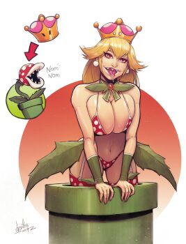 1girl bikini blonde_hair breasts devilhs earrings highres jewelry large_breasts leaf long_hair looking_at_viewer mario_(series) multicolored_bikini navel new_super_mario_bros._u_deluxe nintendo open_mouth piercing piranha_plant polka_dot polka_dot_bikini polka_dot_thighhighs princess_piranha_plant red_bikini red_thighhighs sharp_teeth signature sound_effects sphere_earrings super_crown swimsuit teeth thighhighs tongue tongue_out tongue_piercing two-tone_bikini two-tone_thighhighs warp_pipe white_bikini white_lips white_thighhighs