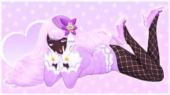 1girl :d absurdres ameyumei border commentary dark-skinned_female dark_skin dress eyelashes fishnet_pantyhose fishnets from_side full_body gloves hands_up hat_ornament high_heels highres jacinthe_(pokemon) jewelry lace_pantyhose_hooked_on_heel_(meme) long_hair long_sleeves looking_at_viewer meme nintendo open_mouth pantyhose pokemon pokemon_legends:_z-a purple_dress revision ring signature smile solo teeth tilted_headwear tongue very_dark_skin white_border white_gloves