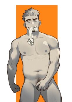 1boy bara belly completely_nude covering_crotch covering_privates facial_hair feet_out_of_frame gh_himainu gluteal_fold goatee greyscale_with_colored_background highres looking_at_viewer male_focus male_pubic_hair mature_male muscular muscular_male navel navel_hair nipples nude orange_background original pectorals pubic_hair short_hair sideburns sock_in_mouth socks solo standing stomach testicle_peek testicles thick_eyebrows thighs two-tone_background unworn_socks
