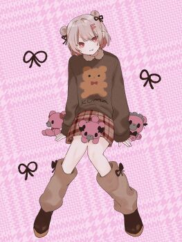 1girl :3 alternate_costume alternate_hairstyle animal_print bear_print black_ribbon blush bob_cut bow_legwear brown_leg_warmers brown_shoes brown_skirt brown_sweater closed_mouth clothes_writing colored_inner_hair double_bun fang frilled_shirt_collar frills full_body grey_hair hair_bun hair_ornament hair_ribbon hairclip highres invisible_chair leg_warmers long_sleeves looking_at_viewer makaino_ririmu medium_hair miniskirt multicolored_hair new_s_w24 nijisanji pink_background pink_hair pink_streaks plaid_clothes plaid_skirt pointy_ears red_eyes ribbon round_collar shoes side_up_bun sidelocks sitting skirt sleeves_past_wrists solo streaked_hair stuffed_animal stuffed_toy sweater teddy_bear two-tone_hair upturned_eyes virtual_youtuber