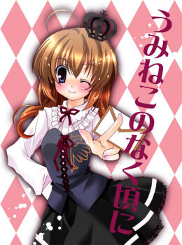 Rule 34 | 00s, 1girl, argyle background, argyle clothes, between fingers, black dress, blush, brown hair, copyright name, crown, dress, female focus, hand on own hip, holding, letter, long hair, one eye closed, purple eyes, smile, solo, takatori umi (artist), umineko no naku koro ni, ushiromiya maria