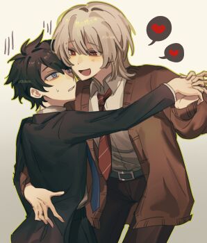 Rule 34 | 2boys, :d, akinashi haru, black hair, black jacket, blue eyes, blue necktie, brown cardigan, cardigan, chifurin, collared shirt, commentary, cowboy shot, dancing, dress shirt, hand on another's back, happy, heart, highres, holding hands, jacket, leaning forward, male focus, multiple boys, necktie, open mouth, red eyes, red necktie, saihate eki, scared, shirt, simple background, smile, spoken heart, symbol-only commentary, tatsunami shion, white background, white hair, white shirt