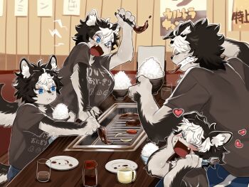 2boys 2girls aya_(arioriak) black_fur black_hair blue_eyes body_fur bowl brother_and_sister brown_shirt chopsticks claws commentary_request cooking dog_boy dog_girl eating food furry furry_female furry_male highres holding holding_chopsticks holding_food husky indoors meat multiple_boys multiple_girls original restaurant rice shirt short_hair siblings tail white_fur white_hair yakiniku