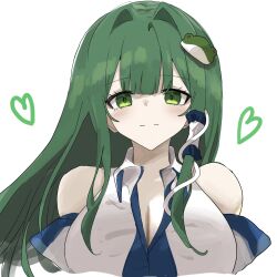 Rule 34 | 1girl, bare shoulders, breasts, cleavage, detached sleeves, frog hair ornament, green eyes, green hair, hair ornament, heart, highres, kochiya sanae, looking at viewer, mino (minori), nontraditional miko, simple background, smile, snake hair ornament, solo, touhou, upper body, white background, white sleeves