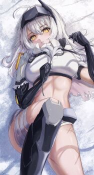 1girl absurdres ahoge armored_boots bandaged_leg bandages boots breasts commentary_request dog_tags flower goddess_of_victory:_nikke highres holding holding_flower large_breasts long_hair looking_at_viewer prosthesis prosthetic_arm scar scar_on_leg shupita snow_white_(heavy_arms)_(nikke) snow_white_(nikke) solo stomach very_long_hair visor_(armor) white_flower white_hair yellow_eyes