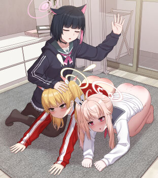 Rule 34 | 3girls, absurdres, all fours, animal ears, ass, black hair, blonde hair, blue archive, blush, book, bottomless, brown eyes, butt crack, cat ears, choker, collarbone, commission, dimples of venus, fingernails, hair ribbon, halo, hand up, highres, hood, hoodie, humiliation, indoors, jacket, kazusa (blue archive), kneeling, long sleeves, medium hair, multicolored hair, multiple girls, natsu (blue archive), open mouth, pantyhose, pink hair, pink halo, pixiv commission, pleated skirt, red eyes, ribbon, s-goon, school uniform, short hair, skirt, spanked, spanking, toenails, track jacket, twintails, two-tone hair, yellow halo, yoshimi (blue archive)
