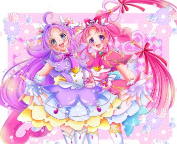 Rule 34 | 2girls, :d, absurdres, ahoge, akechi anna, back bow, blue bow, blue eyes, blush, bow, braid, brooch, buttons, capelet, chrysanthemum, commentary, cowboy shot, cure answer, cure mystic, dot nose, double-breasted, dress, english commentary, fingerless gloves, floral background, flower, glove bow, gloves, gradient hair, hair bow, hair intakes, hair ornament, heart, heart brooch, heart hair ornament, highres, jewelry, kobayashi mikuru, layered dress, legs apart, legs together, long hair, looking at viewer, magical girl, meitantei precure!, multicolored hair, multiple girls, open mouth, outstretched hand, pink background, pink bow, pink capelet, pink dress, pink hair, precure, purple bow, purple capelet, purple dress, purple eyes, purple hair, red bow, sidelocks, signature, smile, standing, symmetry, teruhii, thighhighs, twin braids, white gloves, white thighhighs, yellow bow