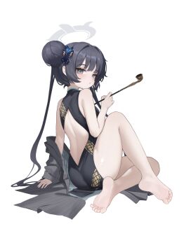 1girl absurdres ass back back_cutout barefoot black_dress black_hair blue_archive breasts butterfly_hair_ornament china_dress chinese_clothes clothing_cutout coat commentary_request dress feet from_behind grey_coat grey_eyes grey_halo hair_bun hair_ornament halo highres holding holding_smoking_pipe kisaki_(blue_archive) long_hair simple_background small_breasts smoking_pipe soles solo toes unworn_coat very_long_hair white_background xiaoxiaoyifan
