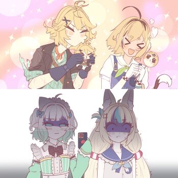 Rule 34 | > <, 4girls, absurdres, ahoge, animal ears, aqua hair, black gloves, black hair, blonde hair, blue hair, blue shirt, buruhas, cat ears, cellphone, character doll, closed eyes, closed mouth, commentary, dokibird, dokibird (retro doki), doll, dooby, dooby (1st costume), dress, english commentary, gloves, grey hair, hair ornament, highres, holding, holding doll, holding phone, indie virtual youtuber, long hair, looking at viewer, low twintails, mint fantome, mouse girl, mouse tail, multicolored hair, multiple girls, one side up, phone, sameko saba, shirt, short hair, smartphone, streaked hair, tail, twintails, very long hair, virtual youtuber, white dress, x hair ornament