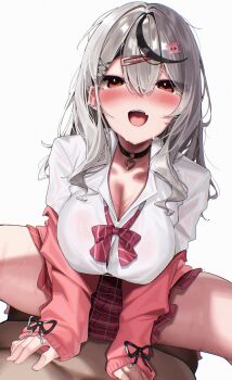 1girl 1other black_choker black_hair blush bow breasts button_gap cardigan choker commentary_request double-parted_bangs earrings fang girl_on_top grey_hair hair_ornament hairclip heart_pendant highres hololive jacket jewelry keienu0 large_breasts long_hair looking_at_viewer messy_hair miniskirt multicolored_hair o-ring o-ring_choker octopus_hair_ornament off_shoulder official_alternate_costume open_mouth paid_reward_available pendant_choker pink_cardigan pink_jacket plaid_clothes plaid_skirt pov red_bow red_eyes red_skirt sakamata_chloe sakamata_chloe_(gyarumata) school_uniform sexually_suggestive shirt skin_fang skirt spiked_ear_piercing spread_legs straddling streaked_hair teeth upper_teeth_only virtual_youtuber white_shirt x_hair_ornament